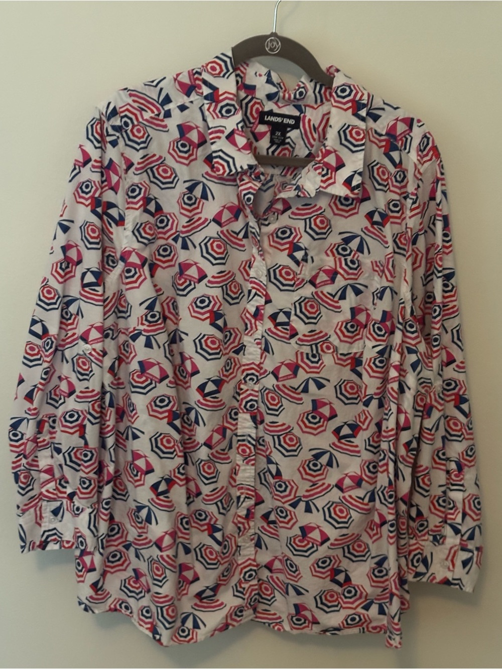 Lands' End Women's Button-Up Shirt in White with Red and Navy Geometric Print